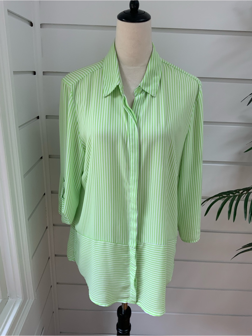 Chico's Lime Green Striped Button-Down Blouse Chico’s Size 2 (L)